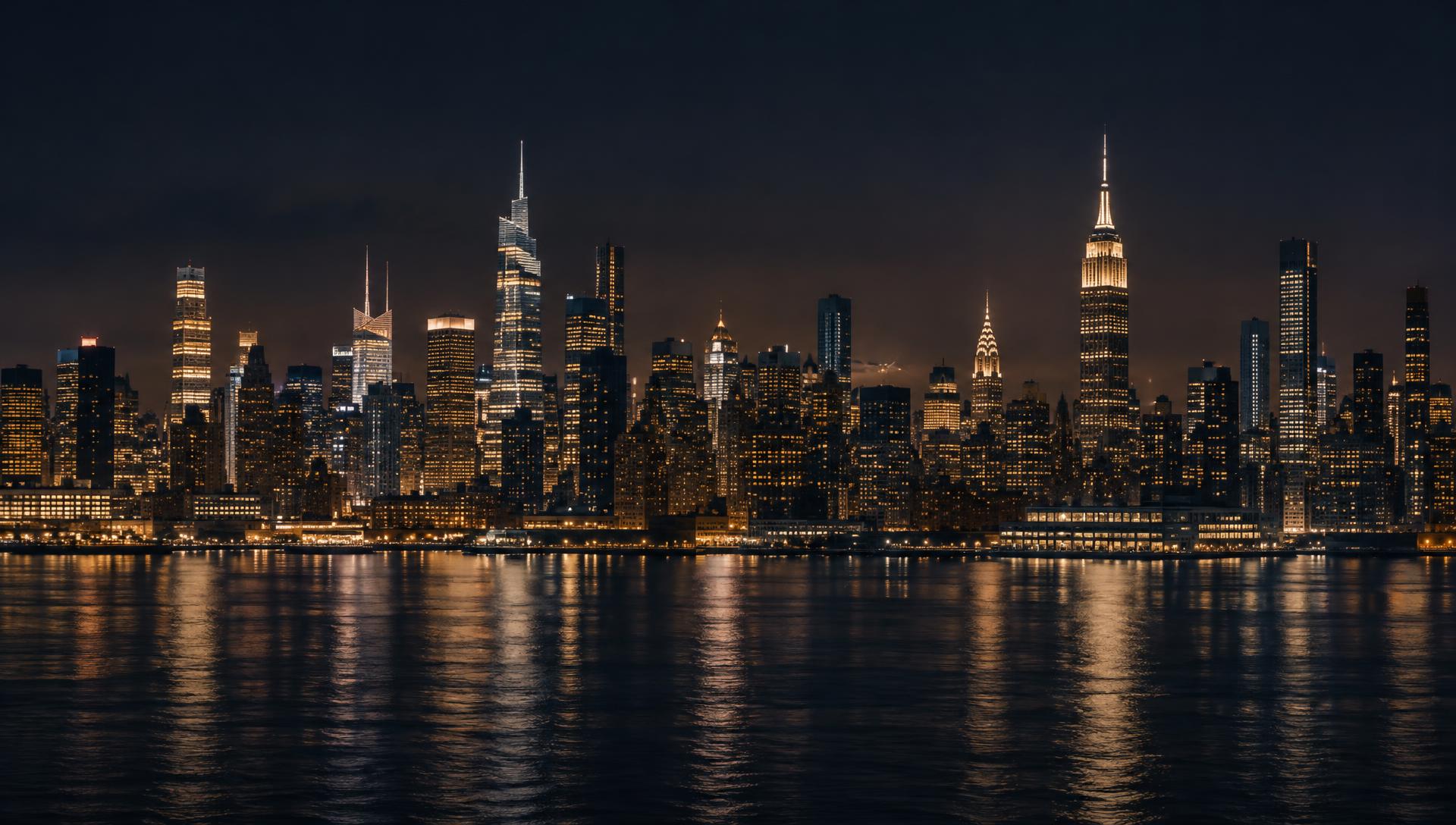 Manhattan skyline at night seen from across the Hudson River